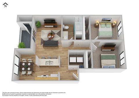 Floor plan for 2 beds, 1 bath, 869 sqft